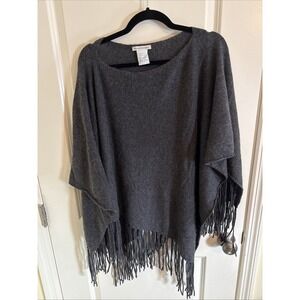 White + Warren Grey Cashmere Two Way Fringe Poncho One Size